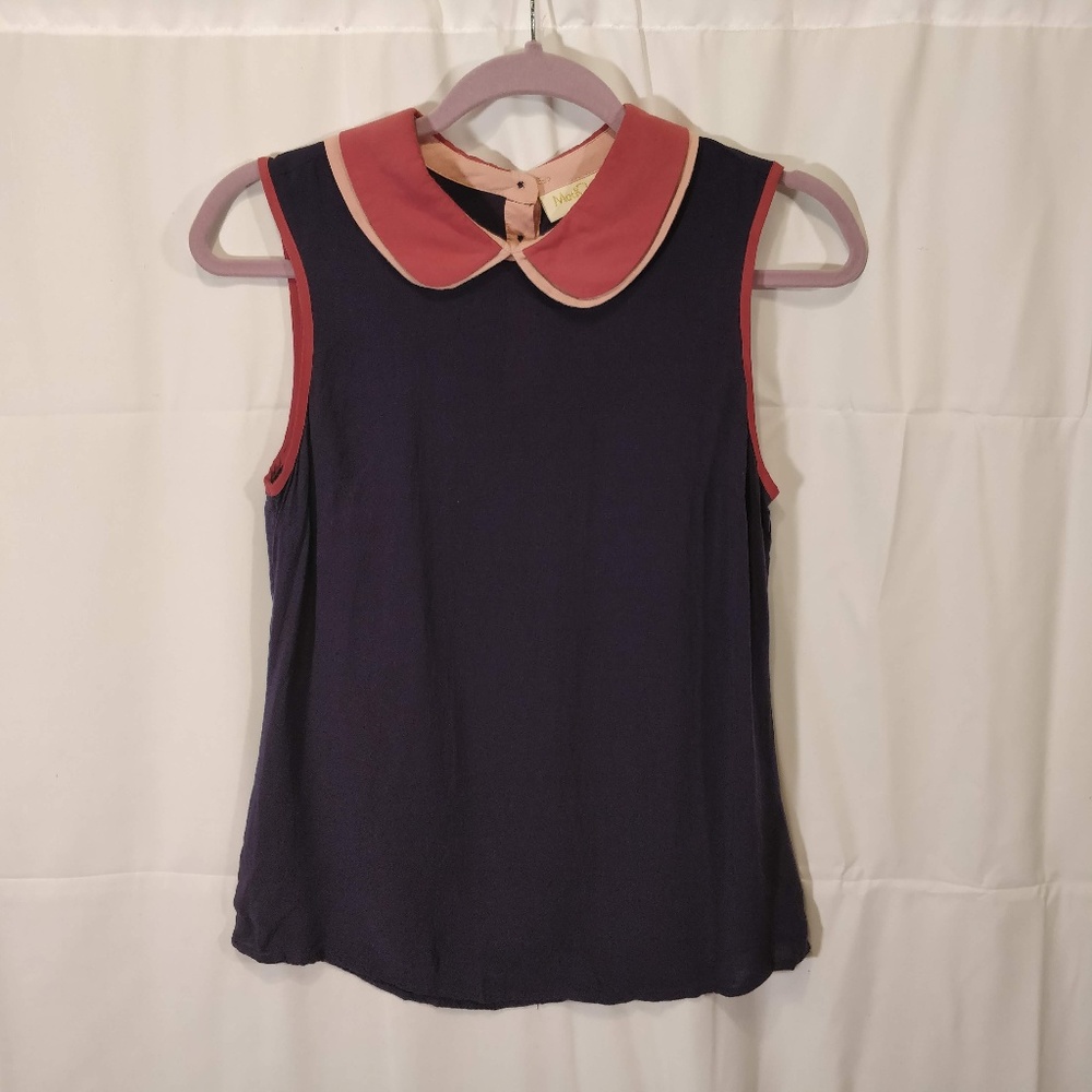 Double Collar Sleeveless Blouse Navy and Mauve